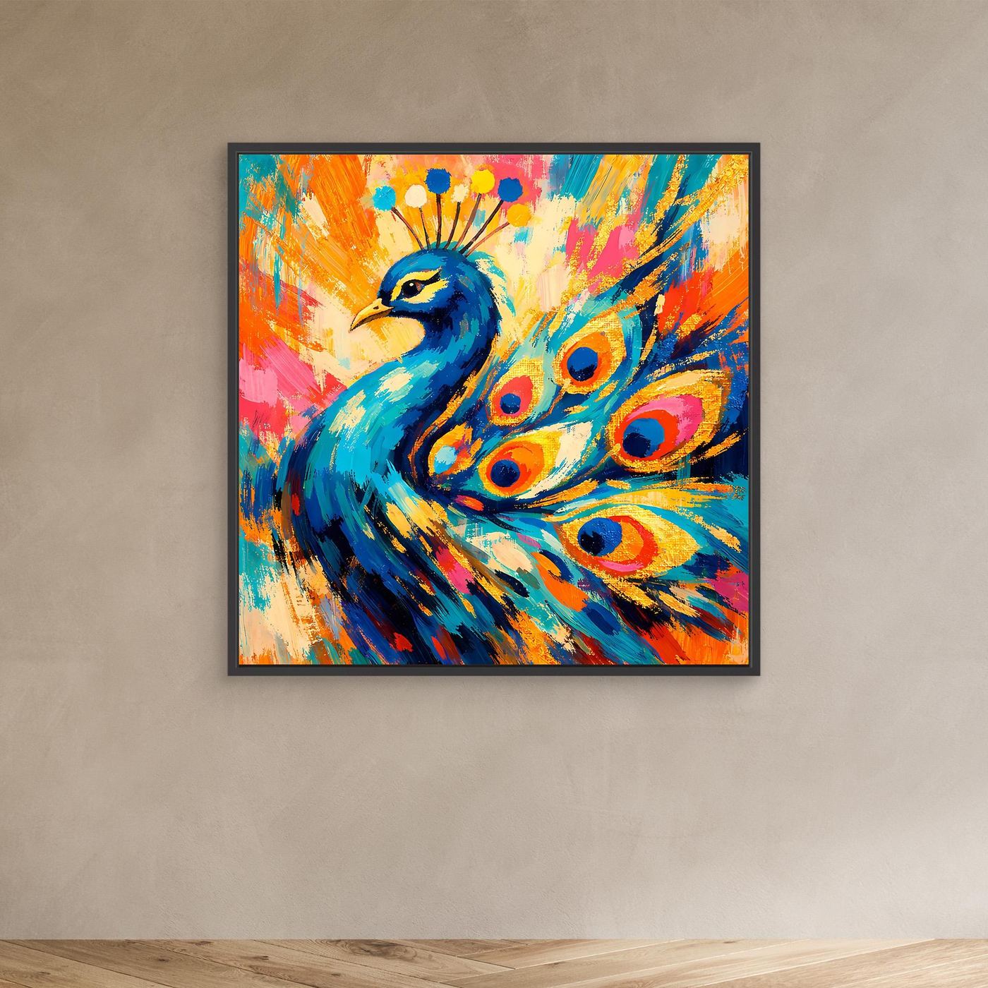 Leinwandbild mit abstraktem Pfau im schwarzen Rahmen, blaugrüner Vogel und bunte Augen