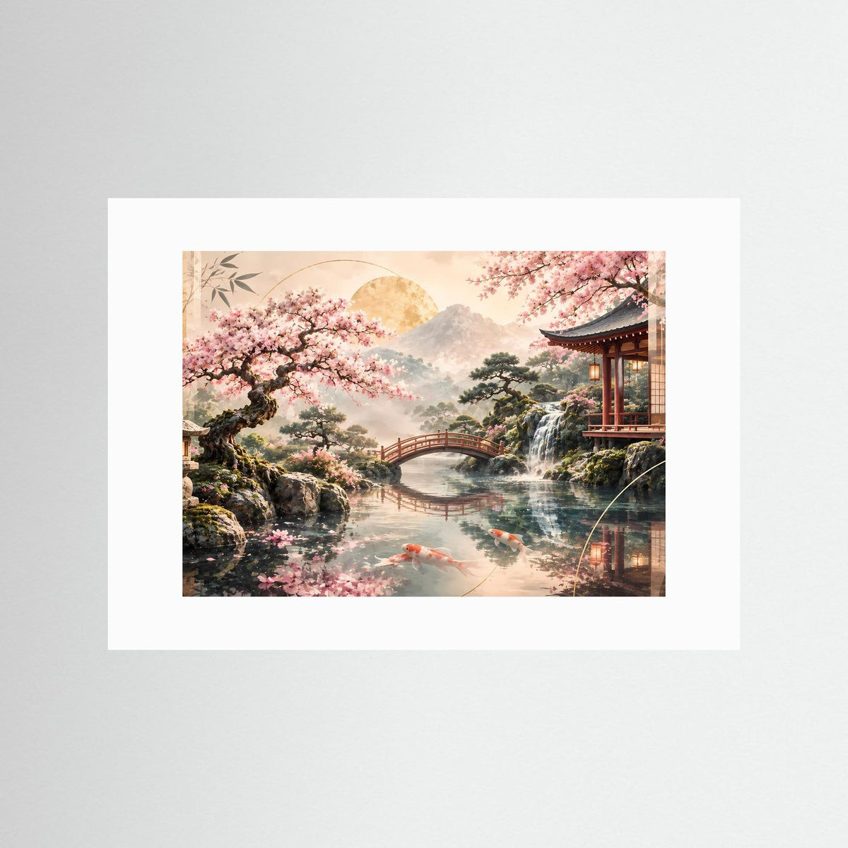 Zen-Garten-Poster im Querformat mit weißem Passepartout; Kirschblüten, Koi und Tempel