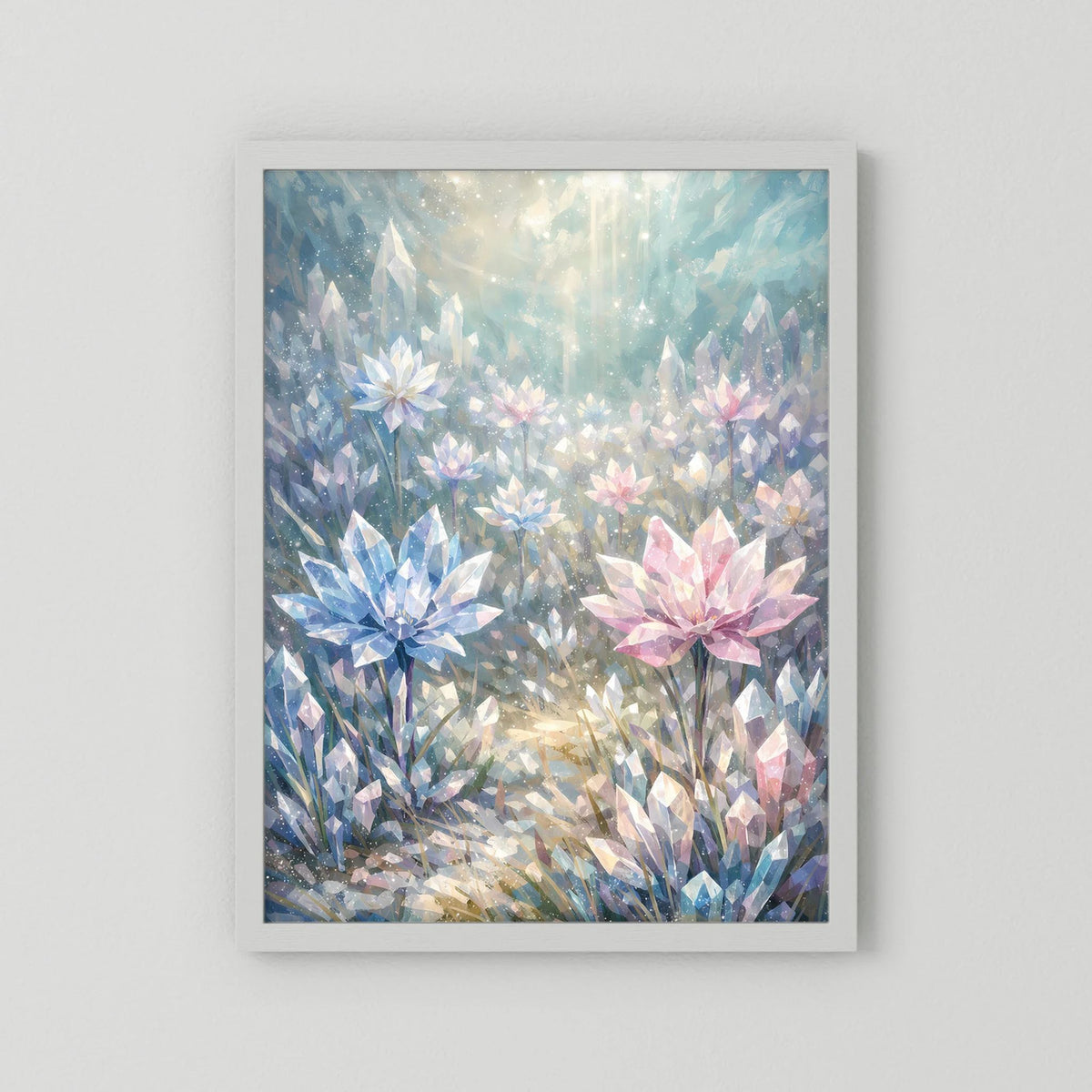 Hochformat-Poster mit Kristallblumen in Pastellblau und Rosa, weißer Rahmen.