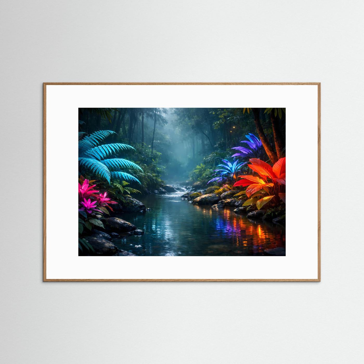 Poster Querformat mit Dschungel und Fluss, Neonpflanzen, im Eichenrahmen
