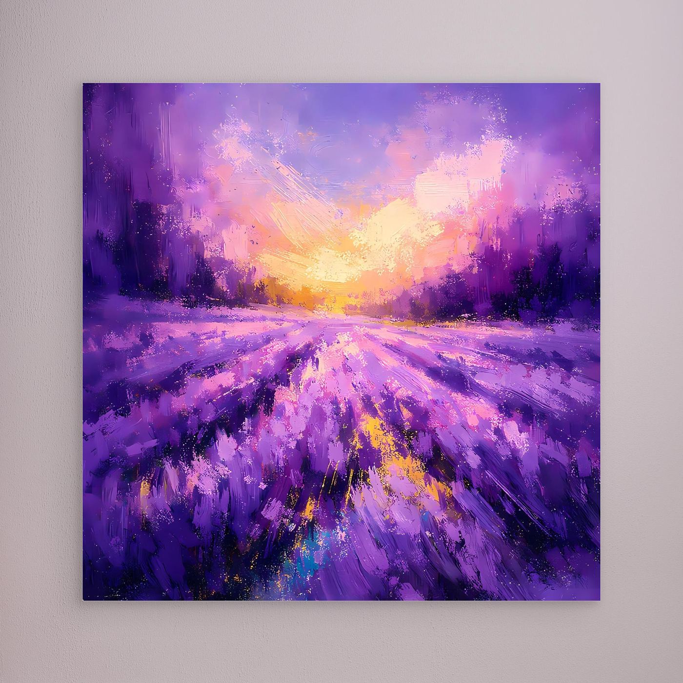 Lavendel-Wandbild auf Leinwand ohne sichtbaren Rahmen, abstrakte Blumenfelder mit hellem Sonnenlicht