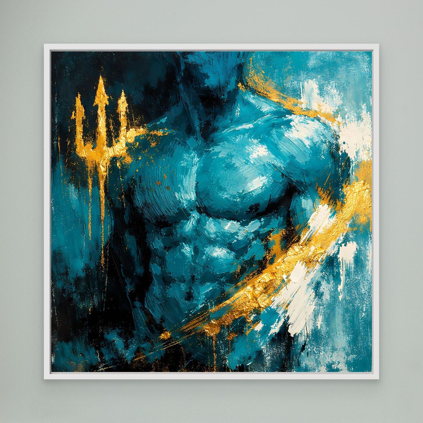 Leinwand Kraftvoller Poseidon in Türkis | Abstraktes Meeresgott Wandbild Gold