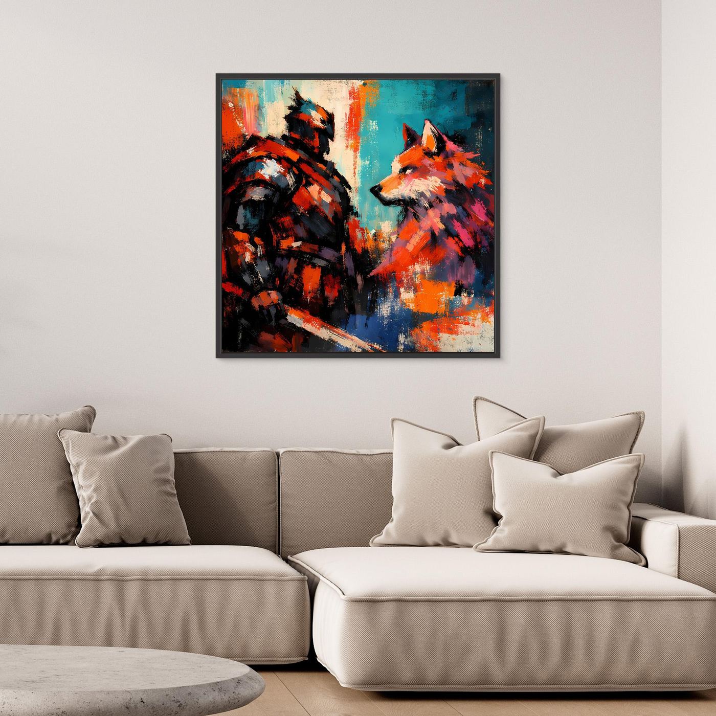 Leinwand-Wandbild mit Krieger und Wolf, orange-blau, schwarzer Rahmen