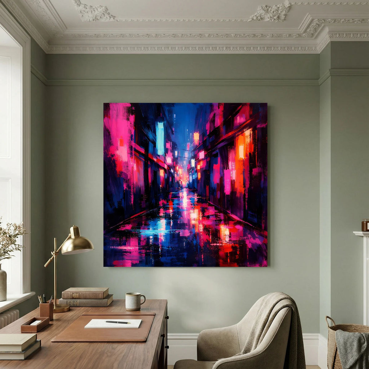 Neon-Wandbild mit Regenkanal in der Cyberpunk-Nachtgasse, leuchtende Neonstreifen in Pink und Blau