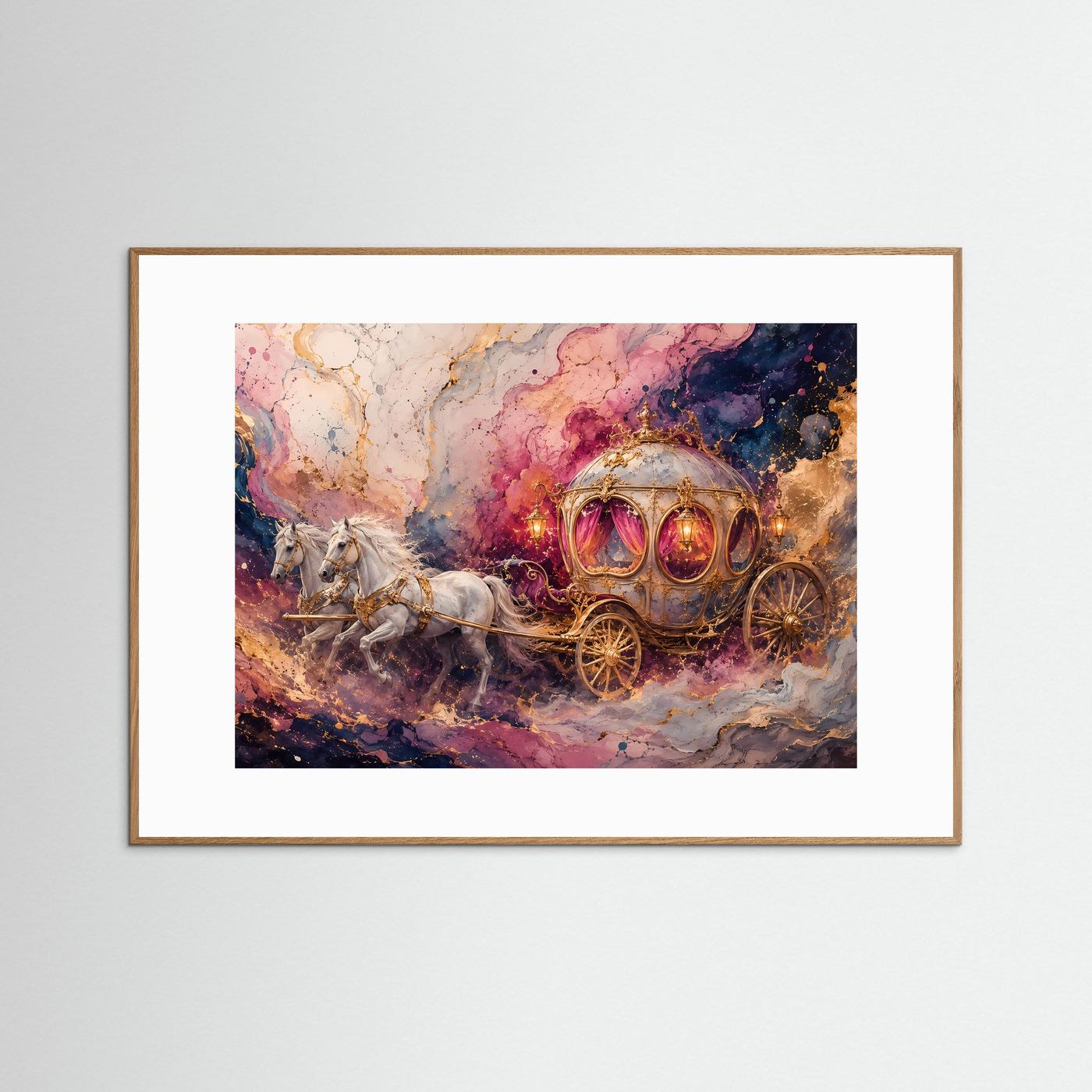 Märchenhafte Kutsche mit weißen Pferden | Fantasy Kunst in Rosa & Gold