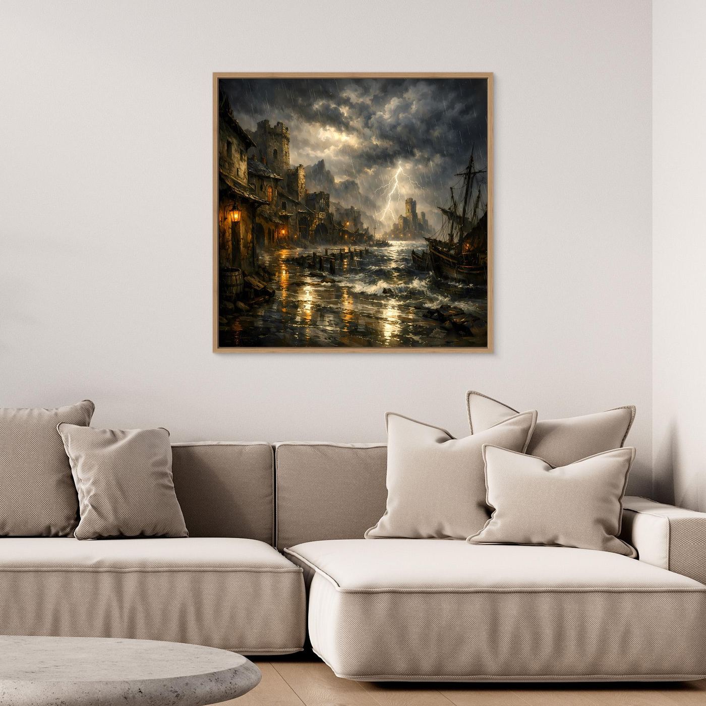 Leinwandbild mit Holzrahmen: Gewitter über dem Hafen, Blitz über Wasser und Schiffe.