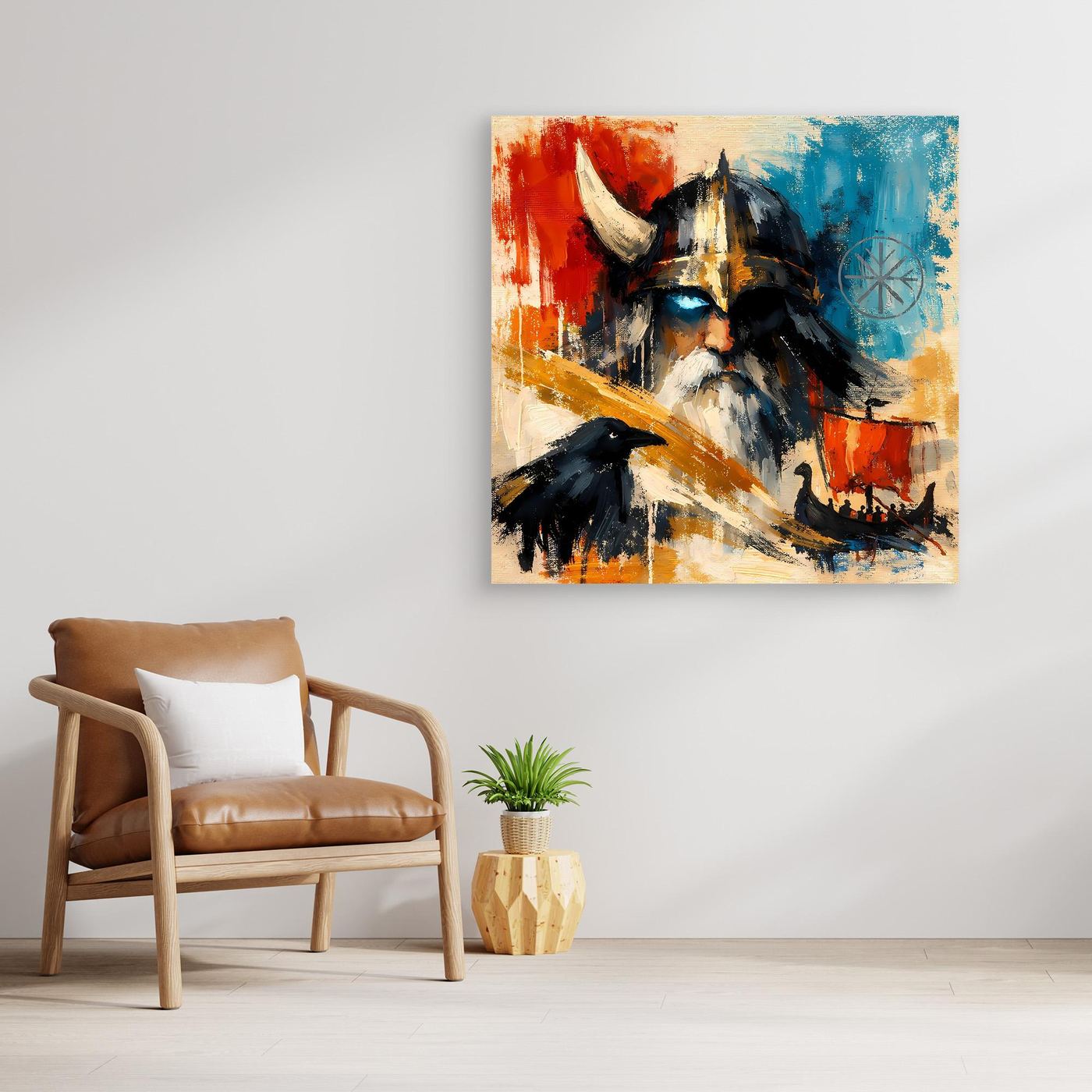 Nordic canvas wall art showing a Viking warrior with raven, red and blue abstract artwork