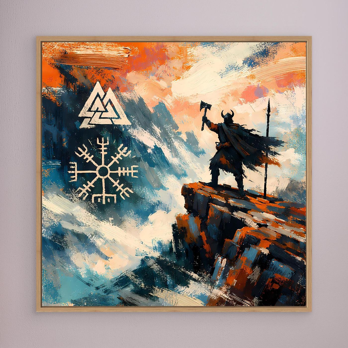 Braunes gerahmtes abstraktes Leinwand-Wandbild mit Vegvisir-Symbol und Wikingerkrieger