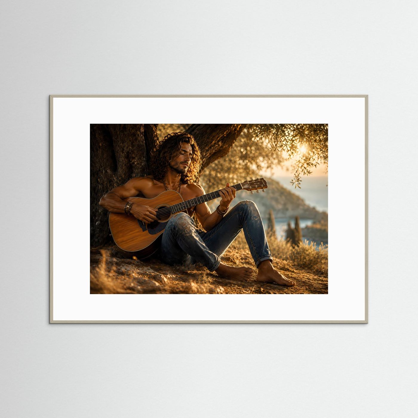 Poster Querformat: sitzender Gitarrist mit Akustikgitarre, grauer Holzrahmen