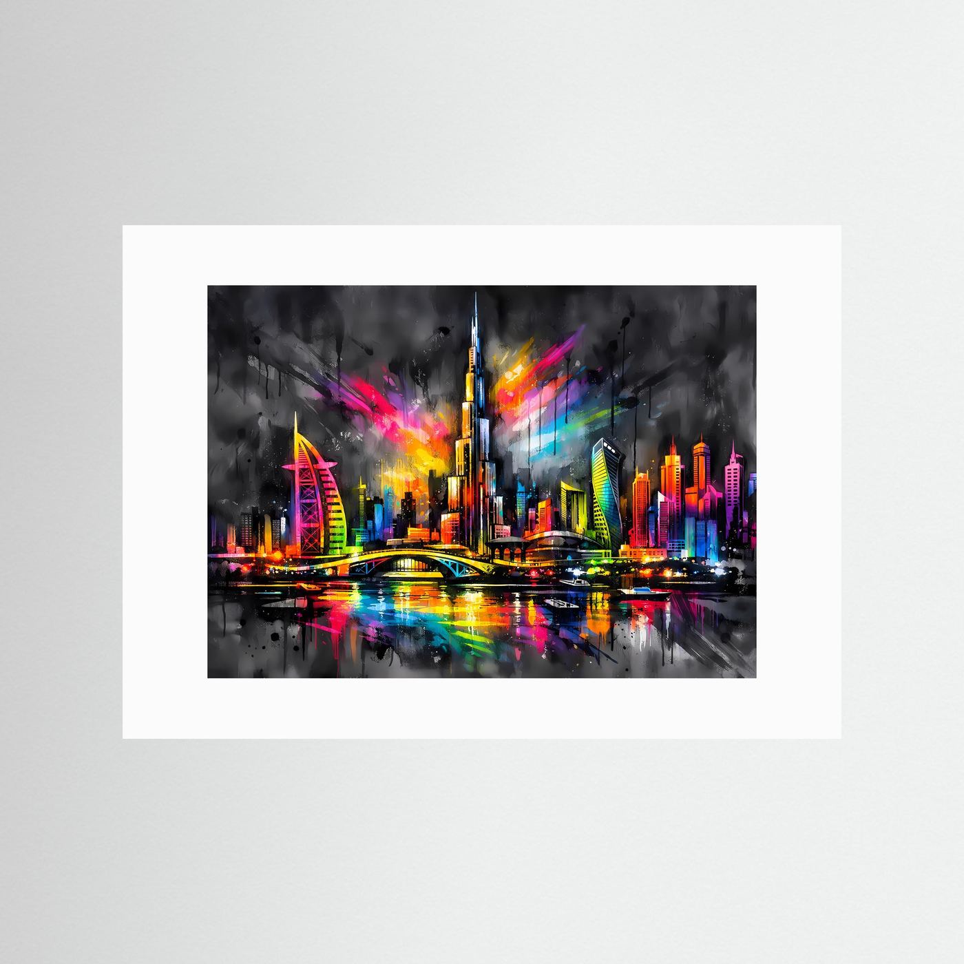Wandbild Neon-Dubai-Skyline bei Nacht mit Brücke und farbigen Lichtern, weißes Passepartout