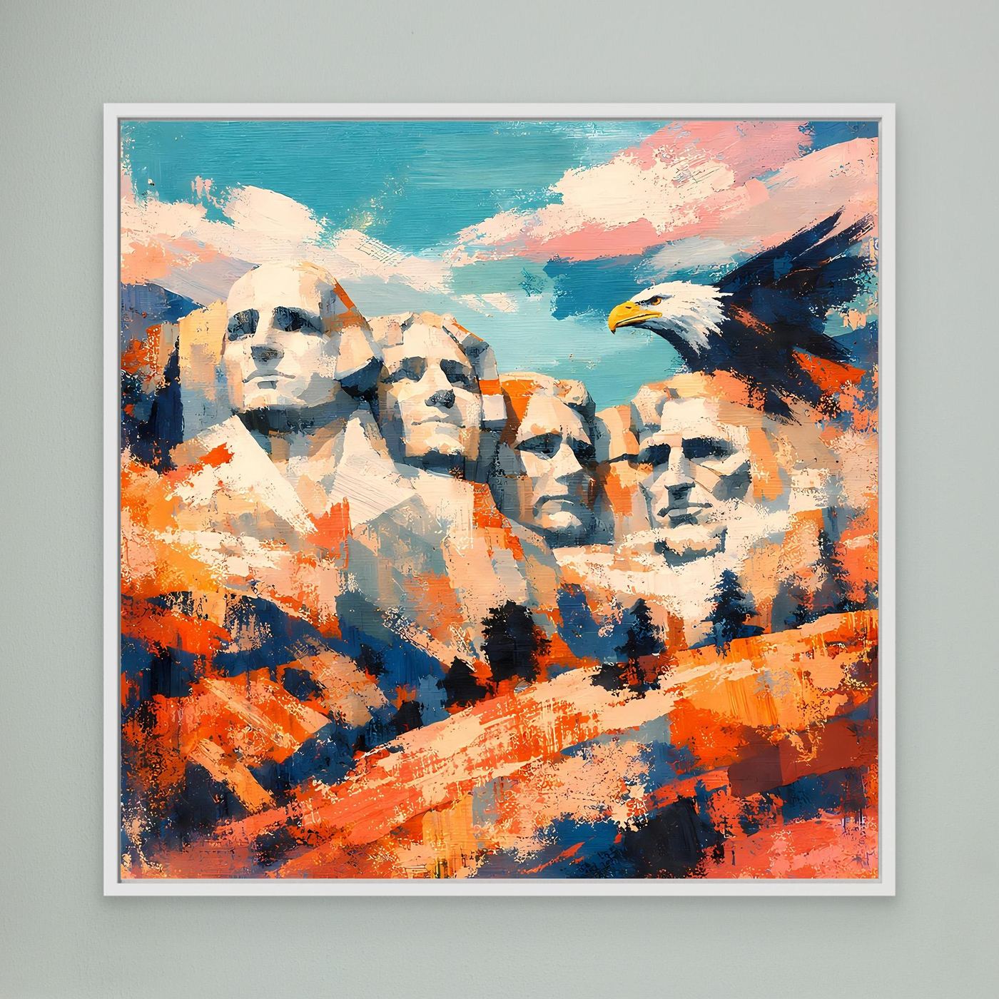 Abstraktes Leinwand-Wandbild mit Mount-Rushmore-Gesichtern und Adler, weiß gerahmt