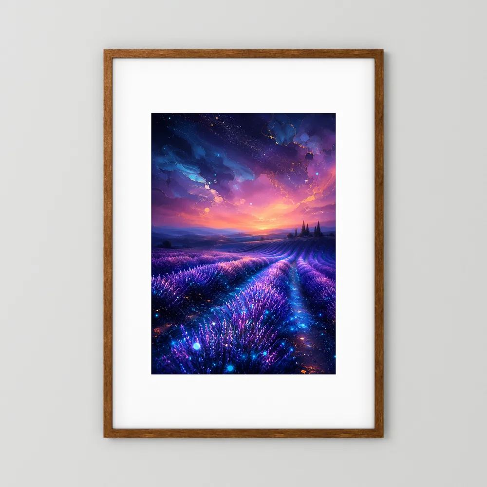 Hochformatposter mit lila Lavendelfeld bei Sonnenuntergang und Sternenhimmel, gerahmt