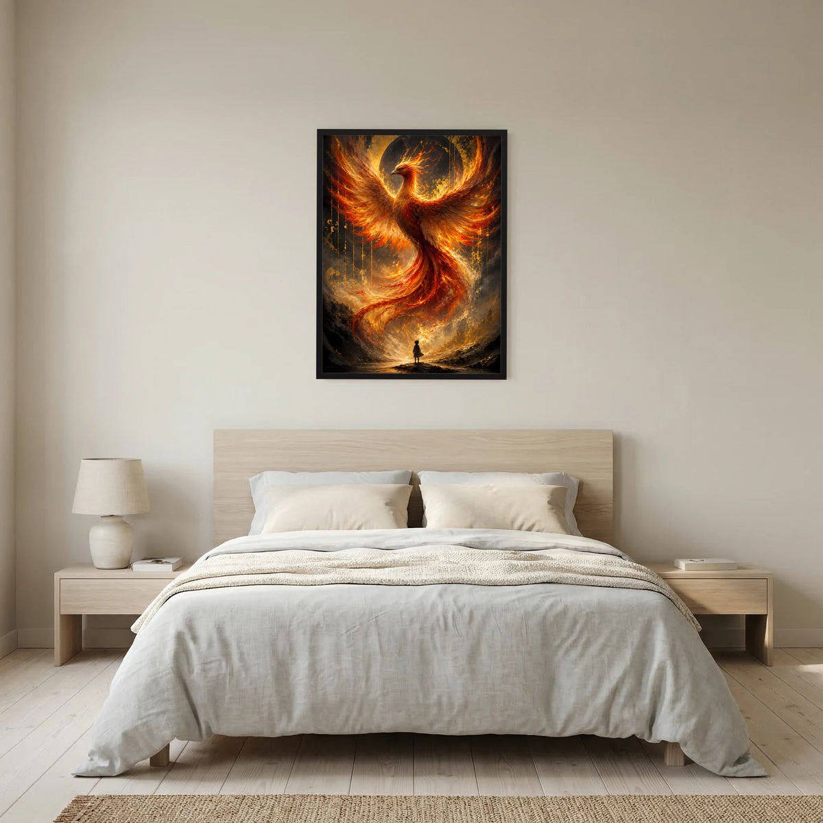 Hochformat-Poster mit Phönix aus Feuer, Gold- und Orangefarben, schwarzer Rahmen