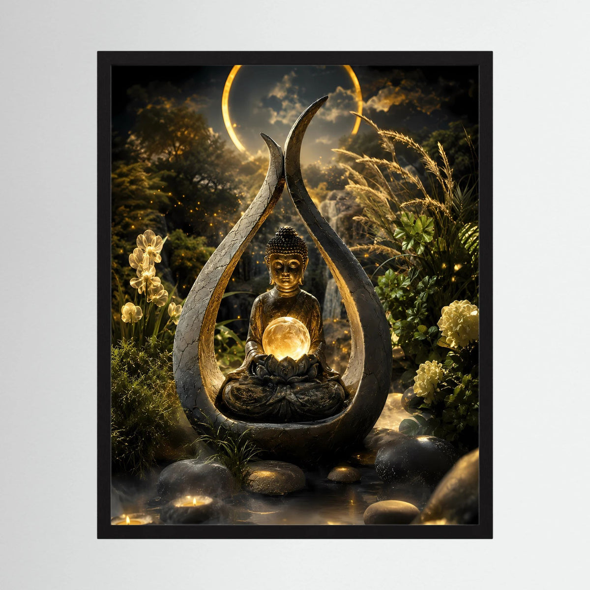 Buddha-Kunstposter im schwarzen Rahmen: meditierende Figur mit goldener Lichtkugel, dunkel.