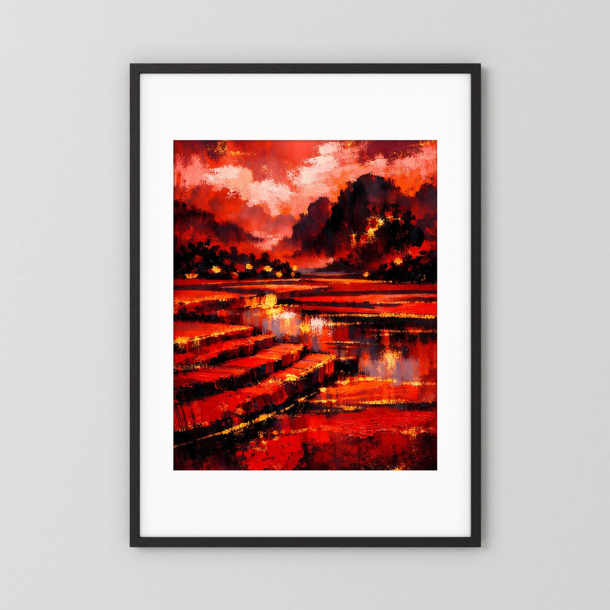 Kunstposter Hochformat mit schwarzem Rahmen und weißem Passepartout, Rot-Schwarz-Landschaft