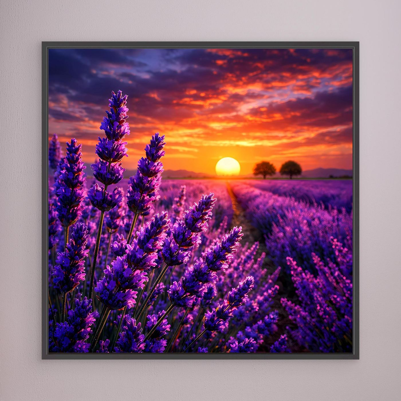 Gerahmtes Leinwand-Wandbild mit Lavendelfeld und Sonne im Sonnenuntergang, schwarzer Rahmen.