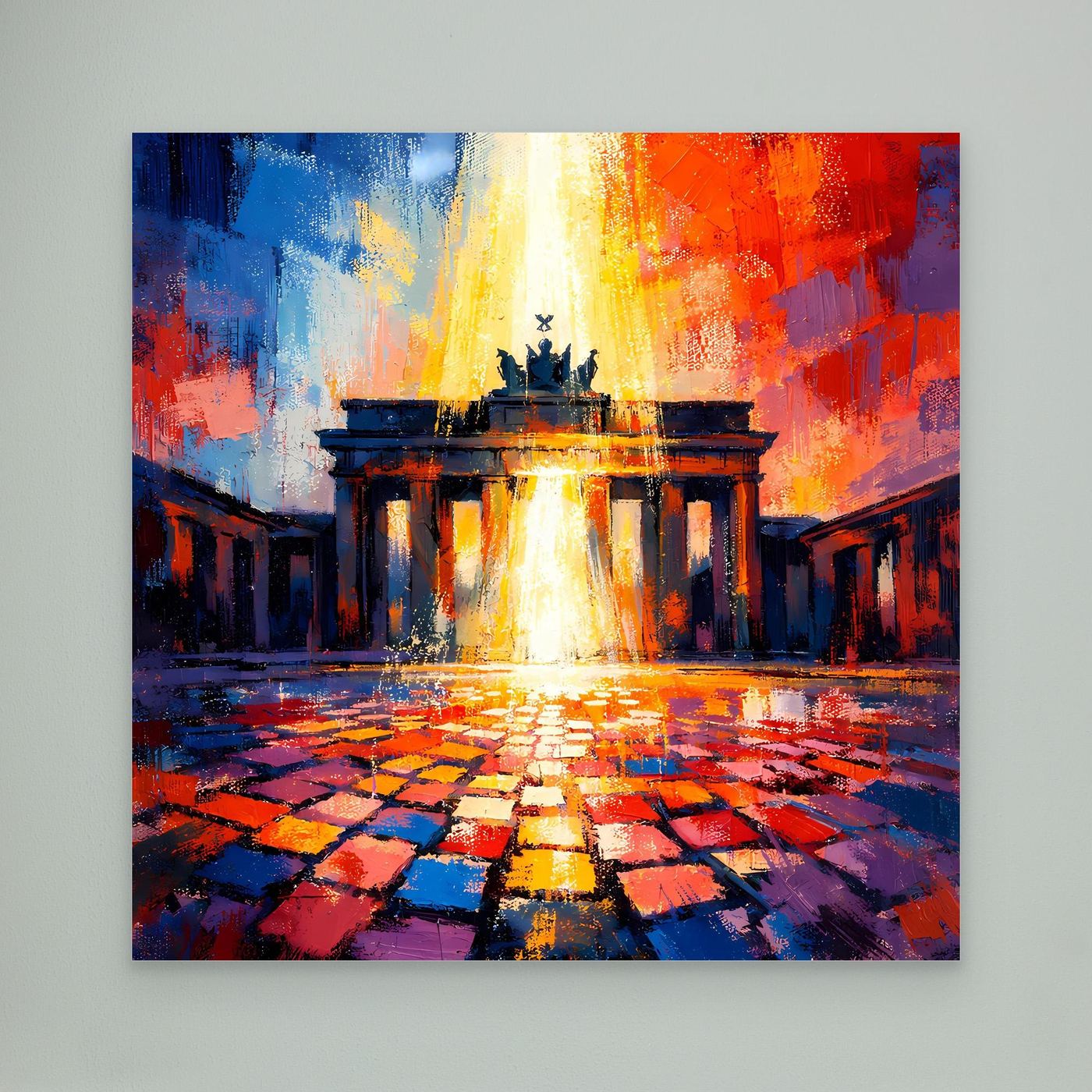 Abstraktes Leinwandbild mit Brandenburger Tor und Lichtermeer, mehrfarbig, ohne sichtbaren Rahmen
