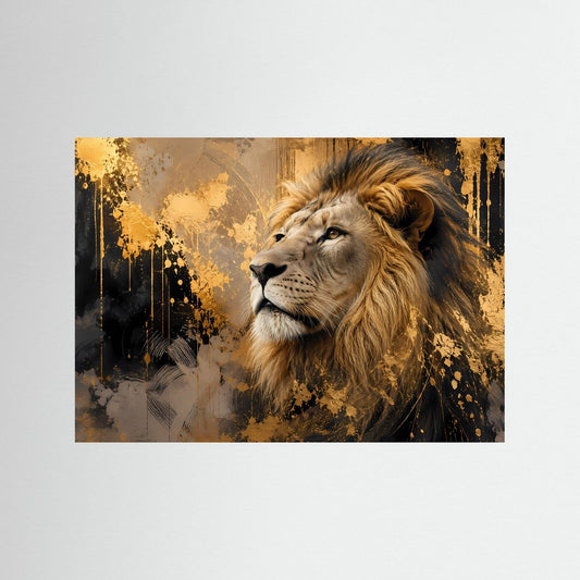 Löwenkunstposter mit goldener Löwenmähne und Blick nach vorn, ohne Rahmen