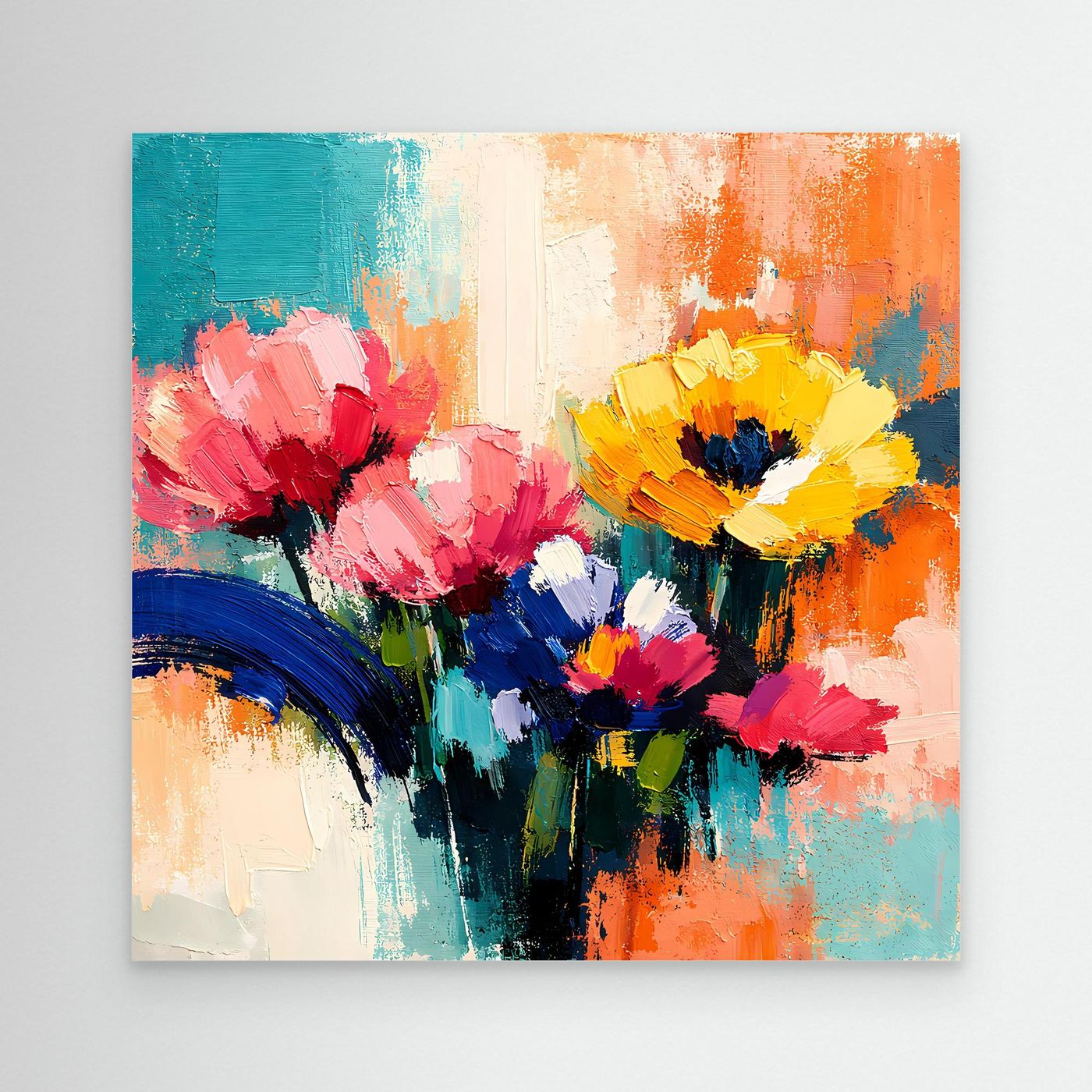 Abstraktes Leinwand-Wandbild mit bunten Sommerblumen in Ölfarbenoptik, randlos