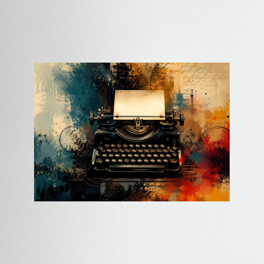 Vintage-Schreibmaschinenposter ohne Rahmen, abstrakte Typografie in Blau-Gelb-Rot.