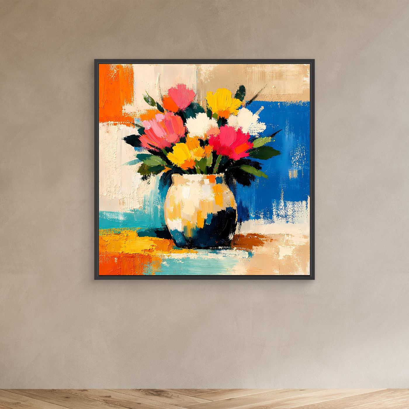 Black framed canvas wall art with vibrant bouquet in vase, colorful abstract brushwork