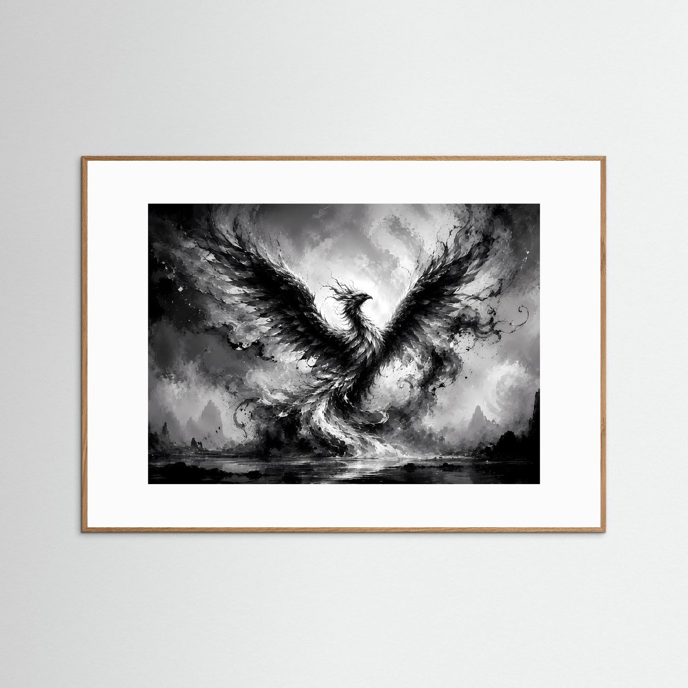 Phönix aus Licht und Schatten | Mystische Schwarz-Weiß Wandkunst – Abstrakter Feuervogel