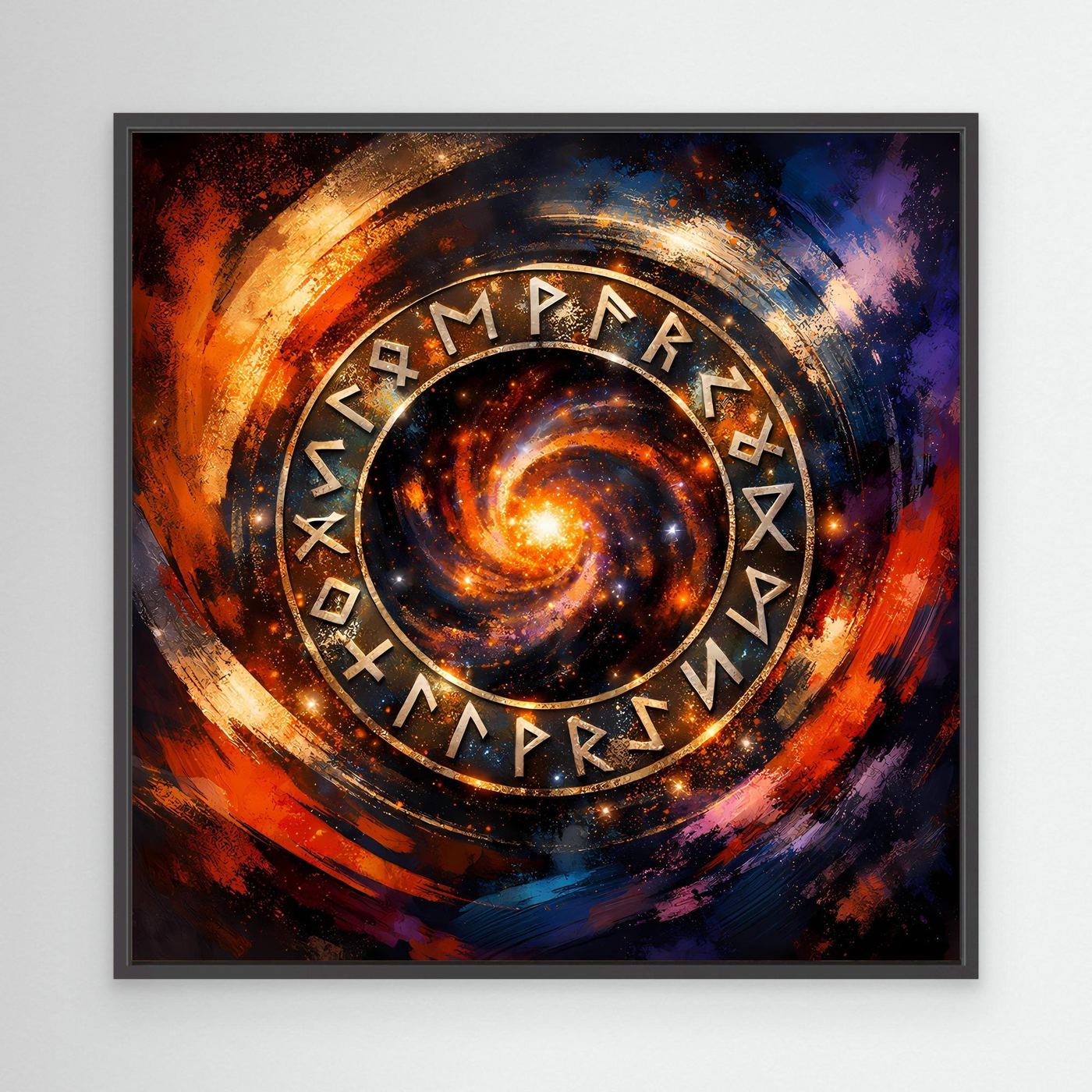 Leinwand-Wandbild mit kosmischem Runenkreis und spiraliger Galaxie, schwarzer Rahmen