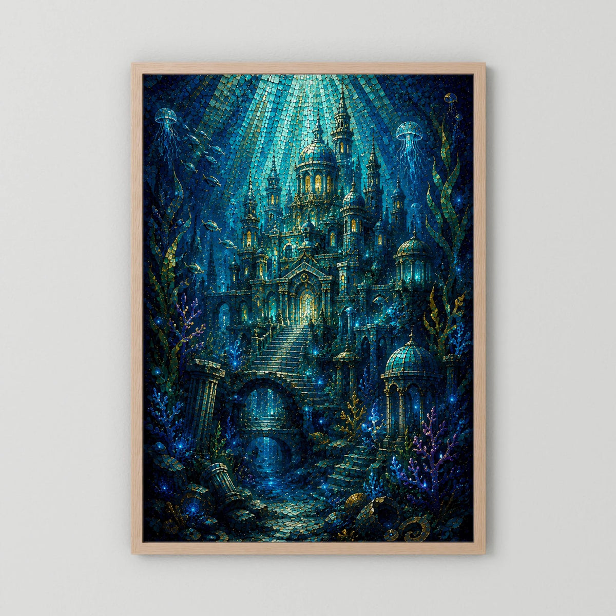 Hochformat-Poster mit Unterwasserstadt im Mosaikstil, Blau und Gold, goldbrauner Holzrahmen