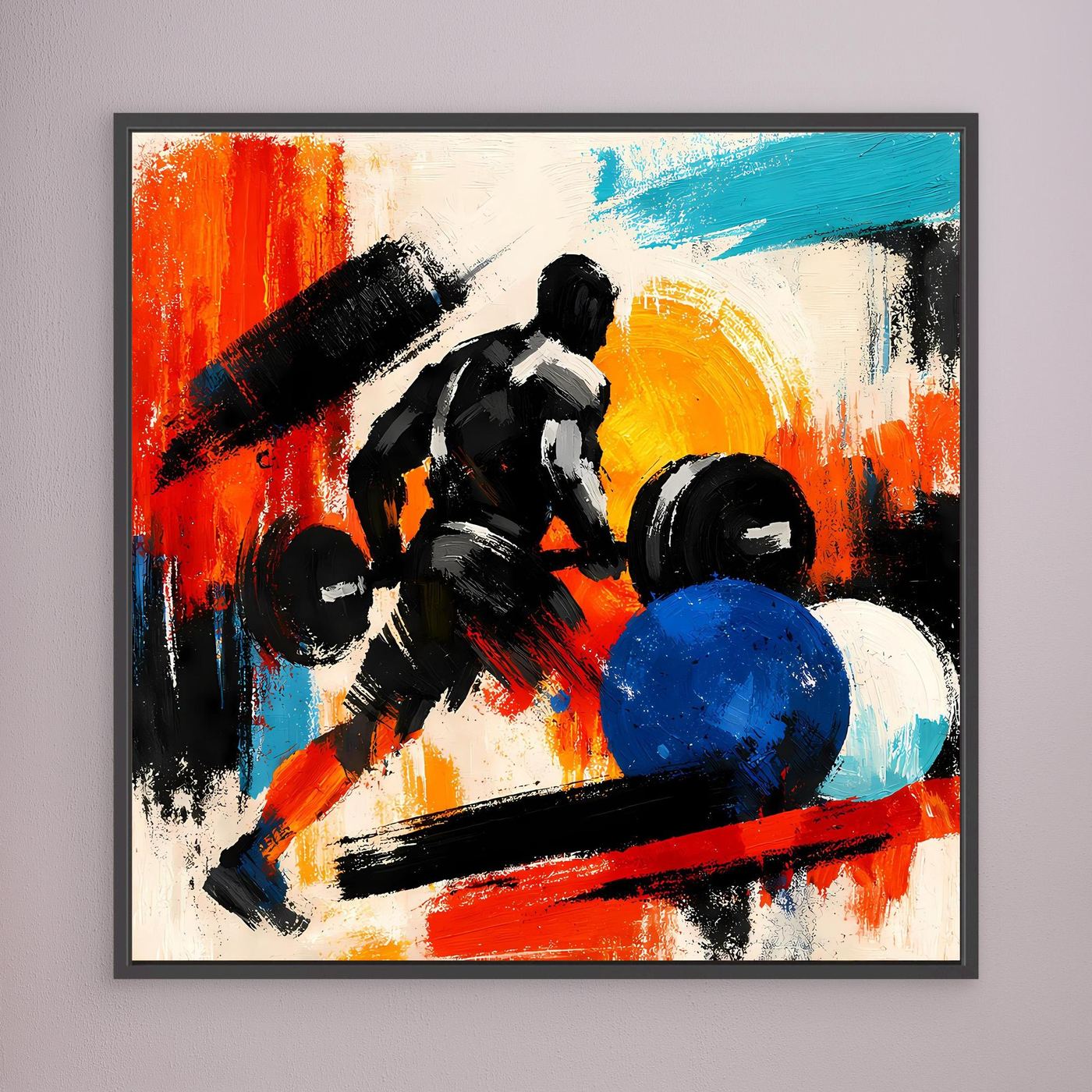 Black-framed canvas wall art with an abstract bodybuilder lifting weights in red, blue, black.