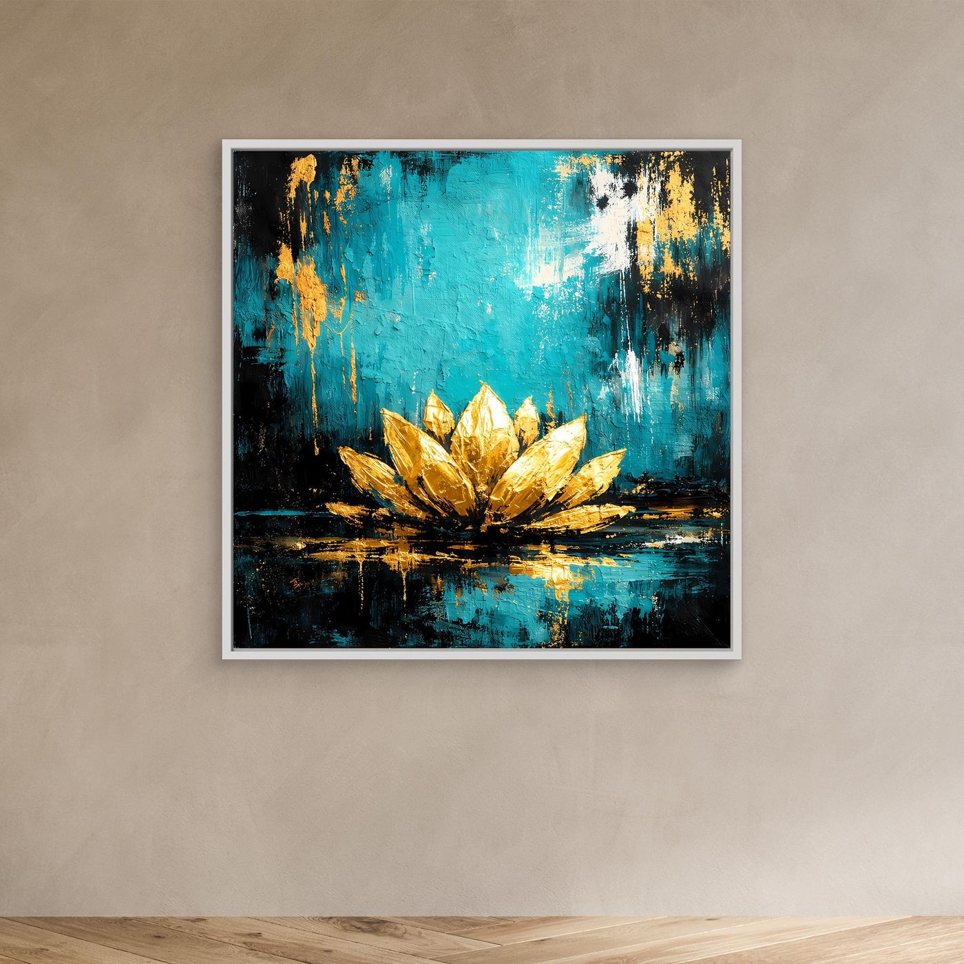 Kleines Leinwand-Wandbild mit goldener Lotusblüte auf Türkis, im weißen Rahmen.