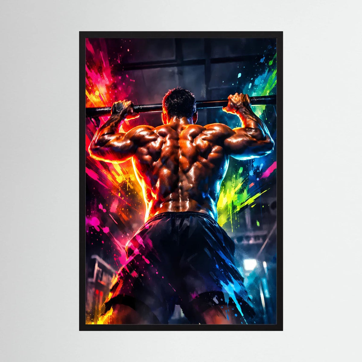 Fitness-Wandbild mit muskulösem Mann beim Klimmzug, farbige Spritzer, schwarzer Rahmen