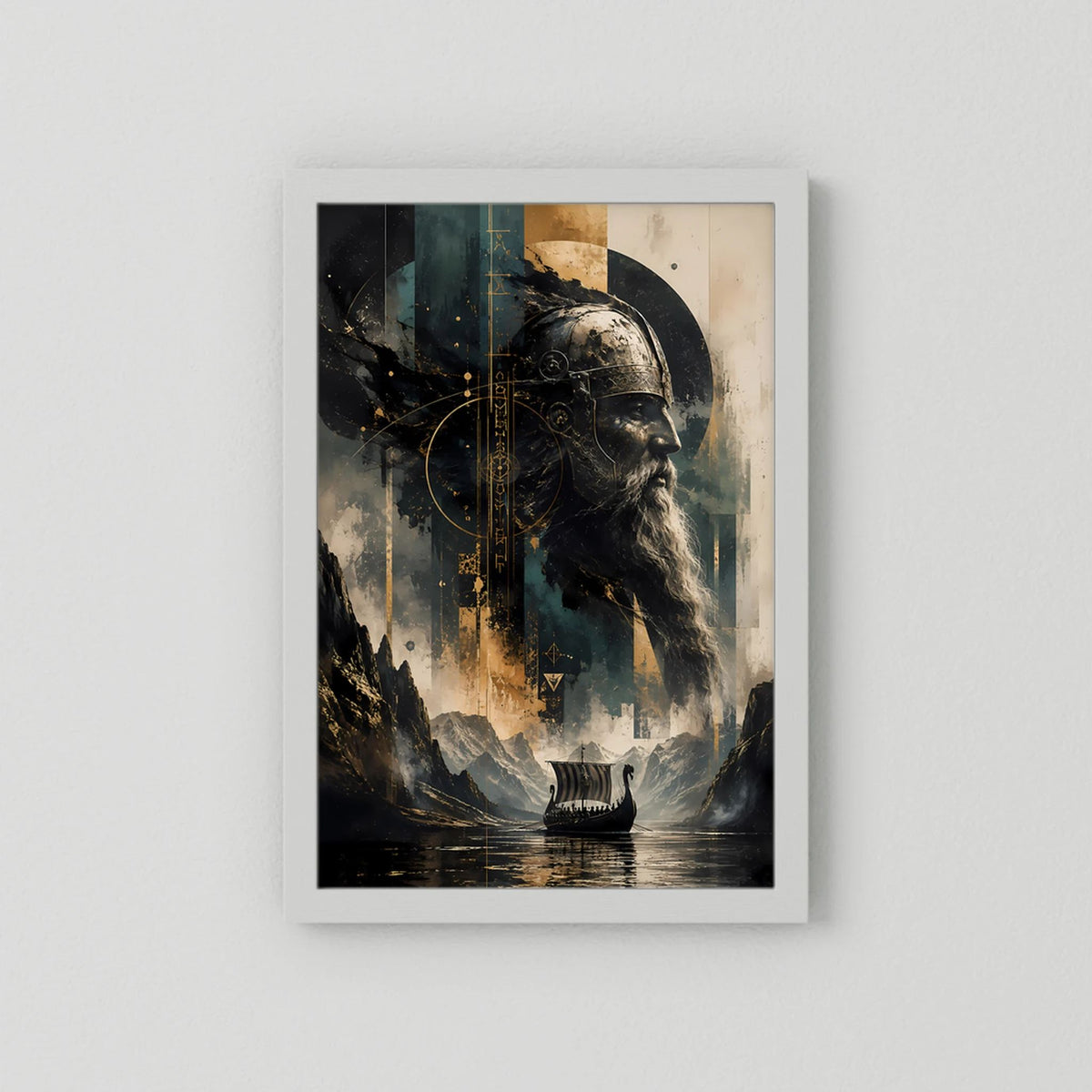 Poster im Hochformat mit Wikinger-Krieger und Langschiff im Kunststil, weißer Rahmen