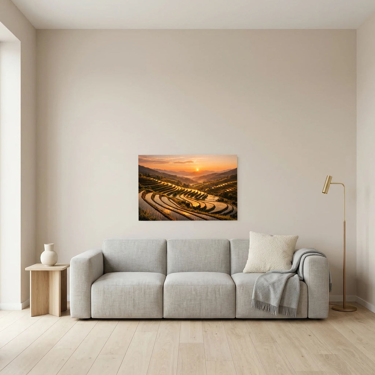 Wandbild mit Reisterrassen bei Sonnenuntergang, Landschaftsprint im Querformat
