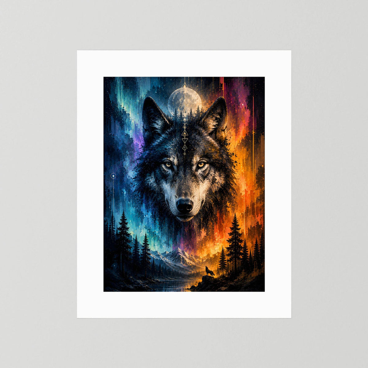 Poster im Hochformat mit zwei Wölfen, Mond und Wald, Blau-Orange, ohne Rahmen, Weißrand
