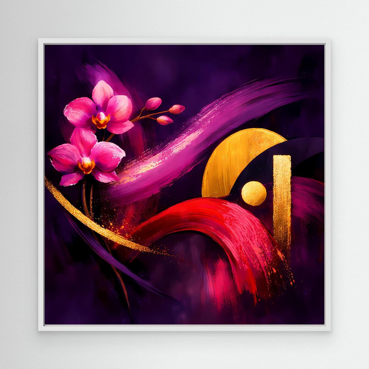 Leinwandbild im weißen Rahmen mit pinken Orchideen und goldenen Formen auf dunkellila