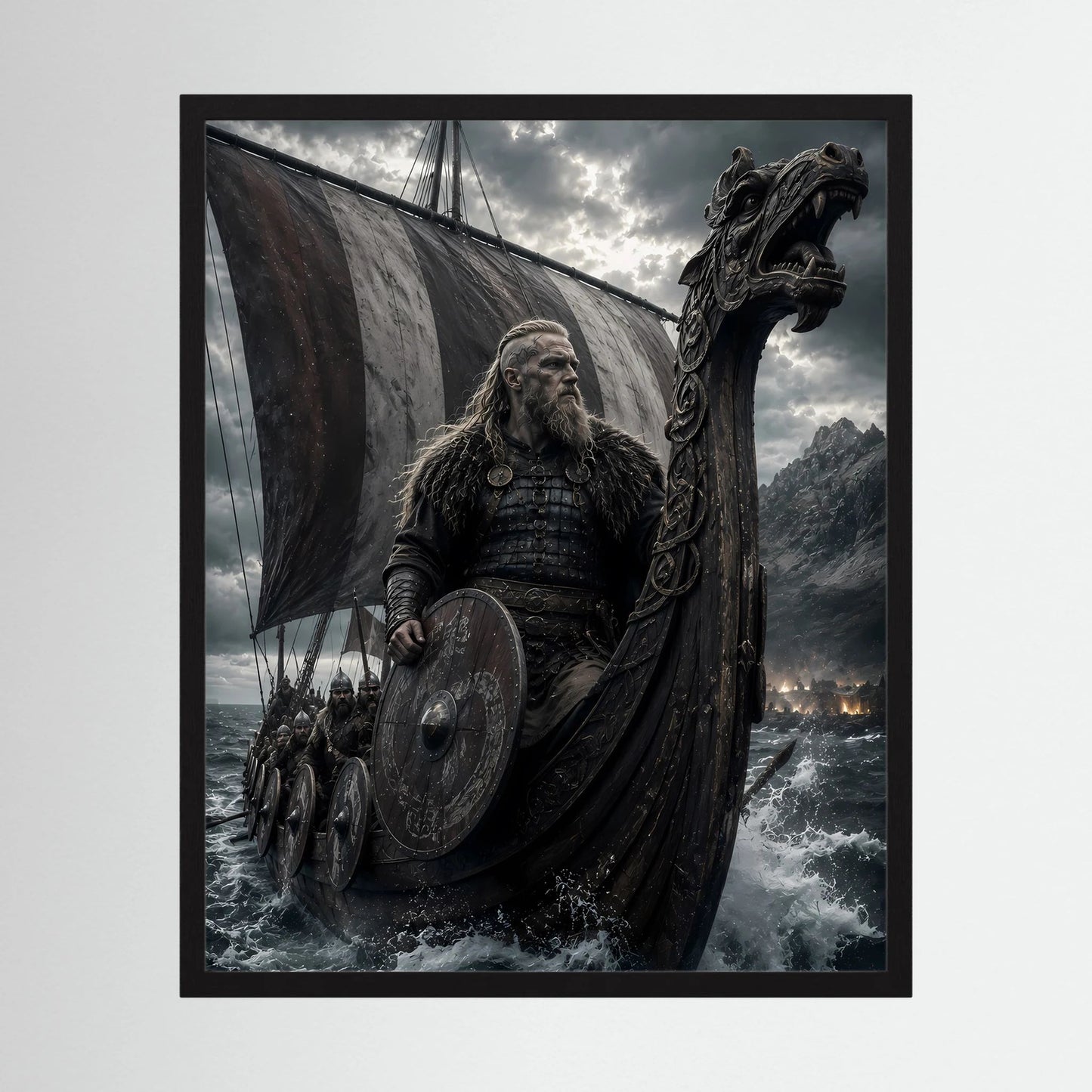 Poster im schwarzen Rahmen: Wikingerkrieger auf Drachenschiff mit Schild und Segel