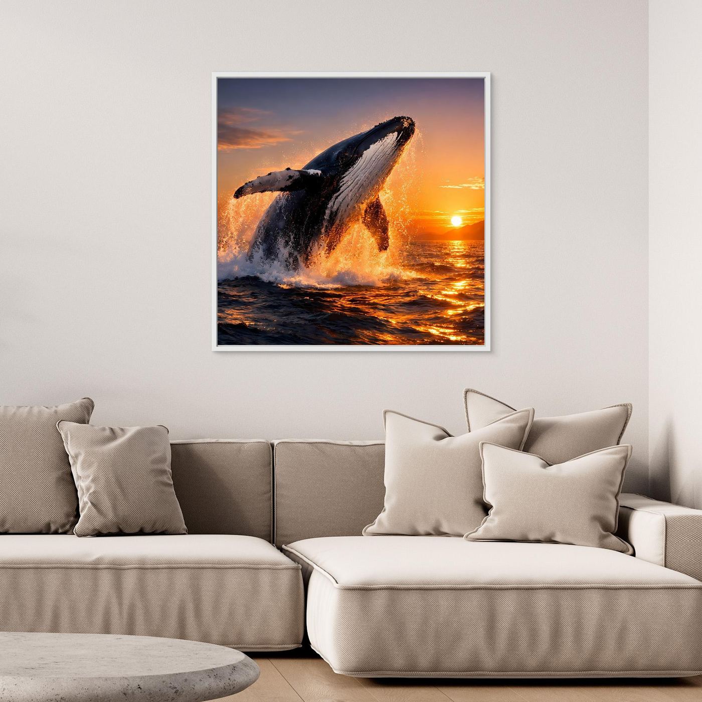 Leinwandbild mit springendem Buckelwal, weiß gerahmt, Meer bei Sonnenuntergang