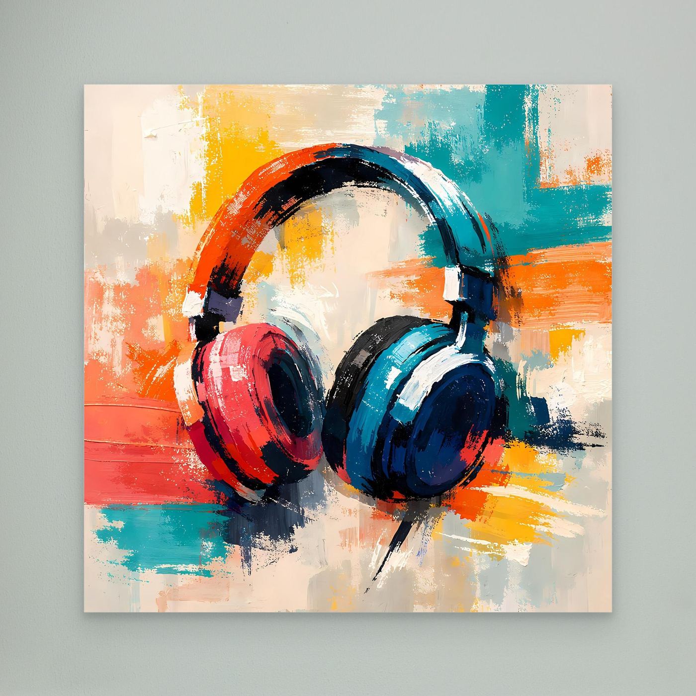 Abstract headphone wall art with multicolor brush strokes; red and teal headphones