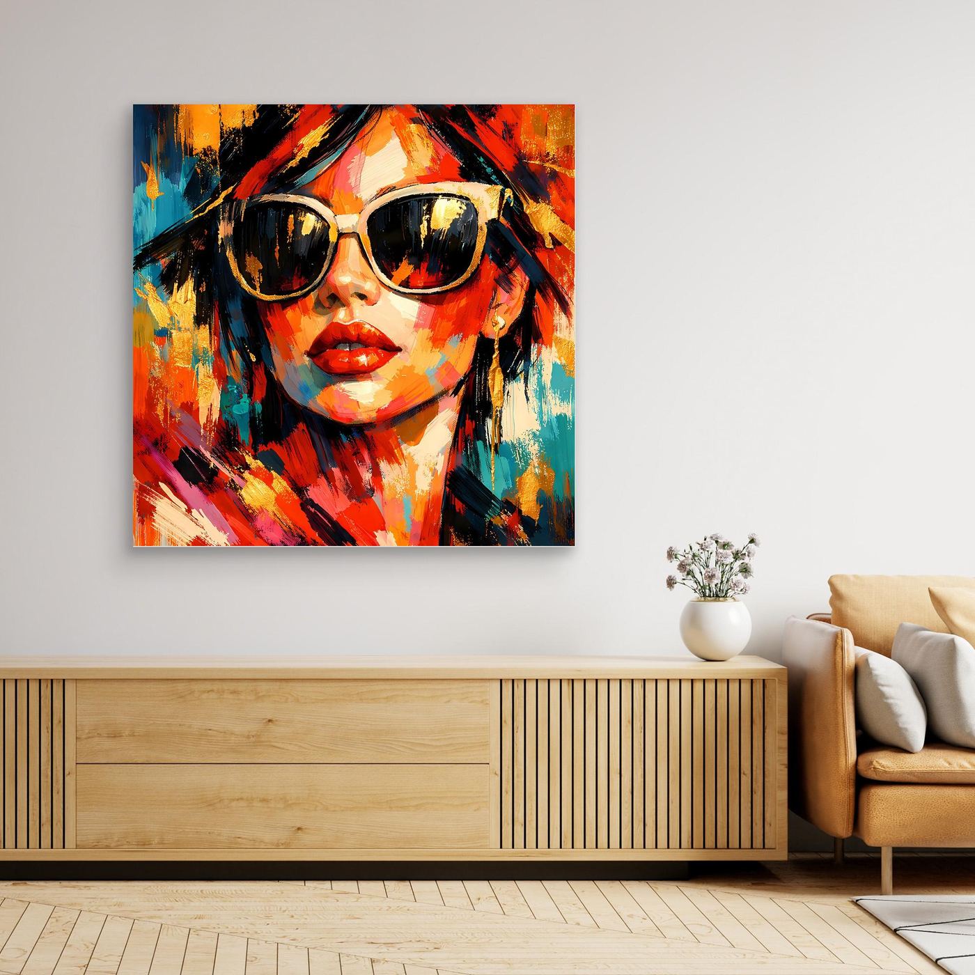 Gerahmtes Leinwandbild: Frau mit Sonnenbrille im Pop-Art-Stil, heller Holzrahmen, bunt