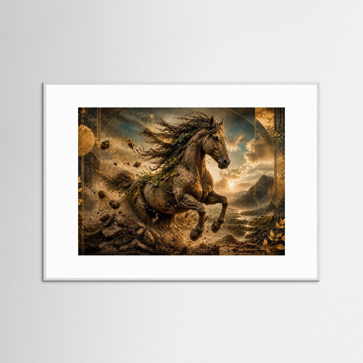 Querformat-Poster mit wildem Pferd, goldbraunes Landschaftsbild, weißer Holzrahmen