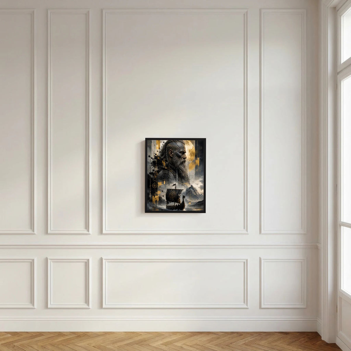 Kunstposter im schwarzen Rahmen mit Wikingerkrieger, Schiff und gold-grauen Akzenten