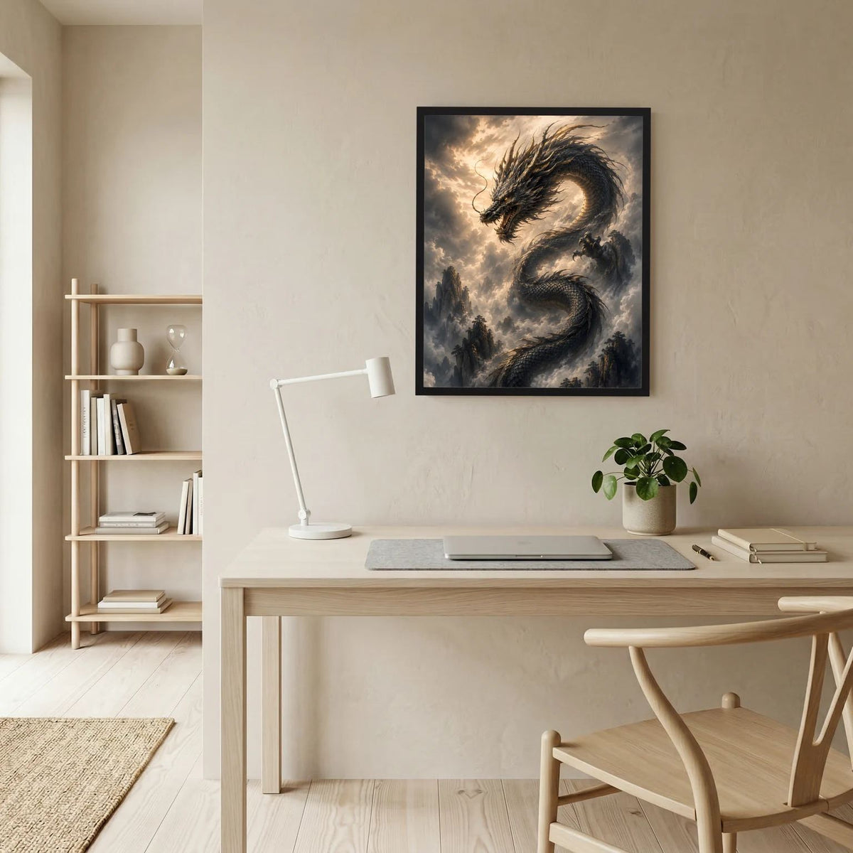 Wandbild mit schwarzem asiatischem Drachen, Drachenkopf in Wolken, im schwarzen Rahmen