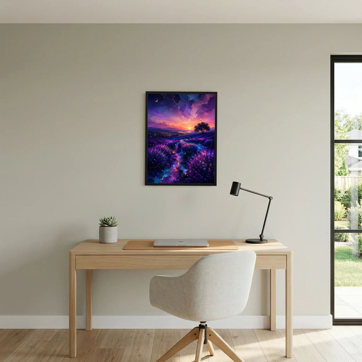Hochformatiges Poster im dunklen Rahmen: Lavendelfeld in Violett, Sonne am Horizont