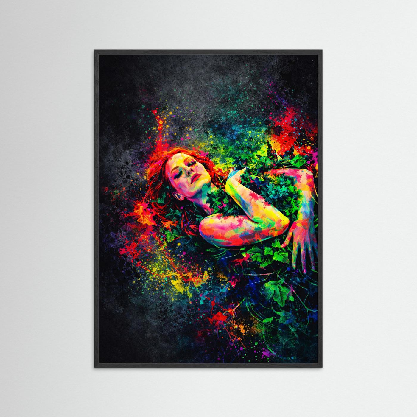 Neonbuntes Kunstposter der Waldnymphe im Hochformat, schwarze Einfassung