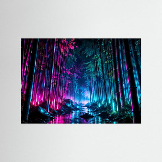 Neon-Bambuswald-Wandkunst als Poster ohne Rahmen, leuchtende Farben im Nachtwald