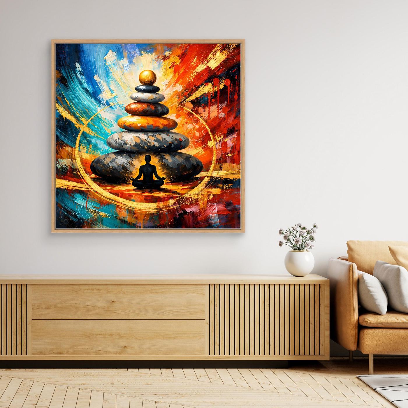Leinwandbild mit Steinstapel und Meditationssilhouette, abstrakter Farbverlauf im Holzrahmen