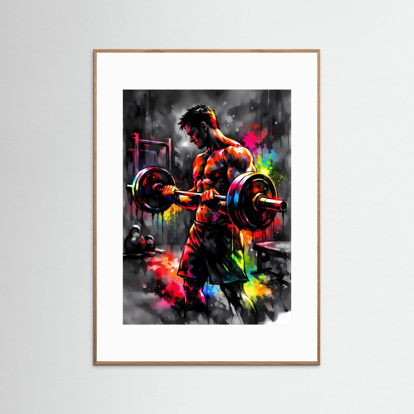 Die Kraft des Fokus | Bodybuilder Poster in kraftvollen Neonfarben & Graffiti-Optik | Abstraktes Kunstposter Hochformat