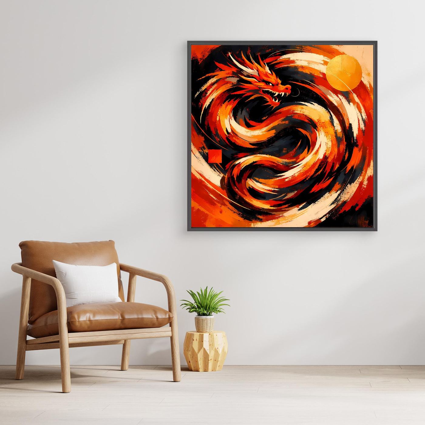 Quadratisches Leinwand-Wandbild mit dunklem Rahmen: abstrakter roter Drache, orange Flammen