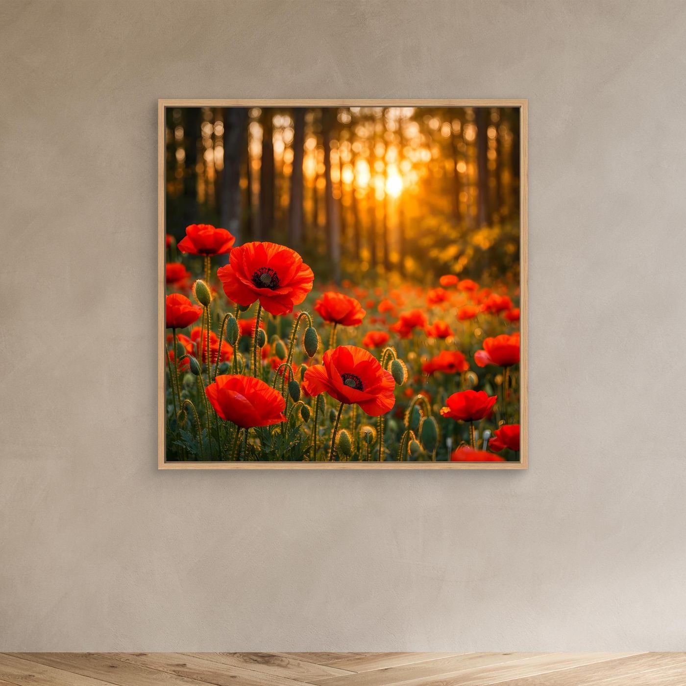 Leinwandbild mit roten Mohnblumen im goldenen Wald bei Sonnenuntergang, Eichenrahmen