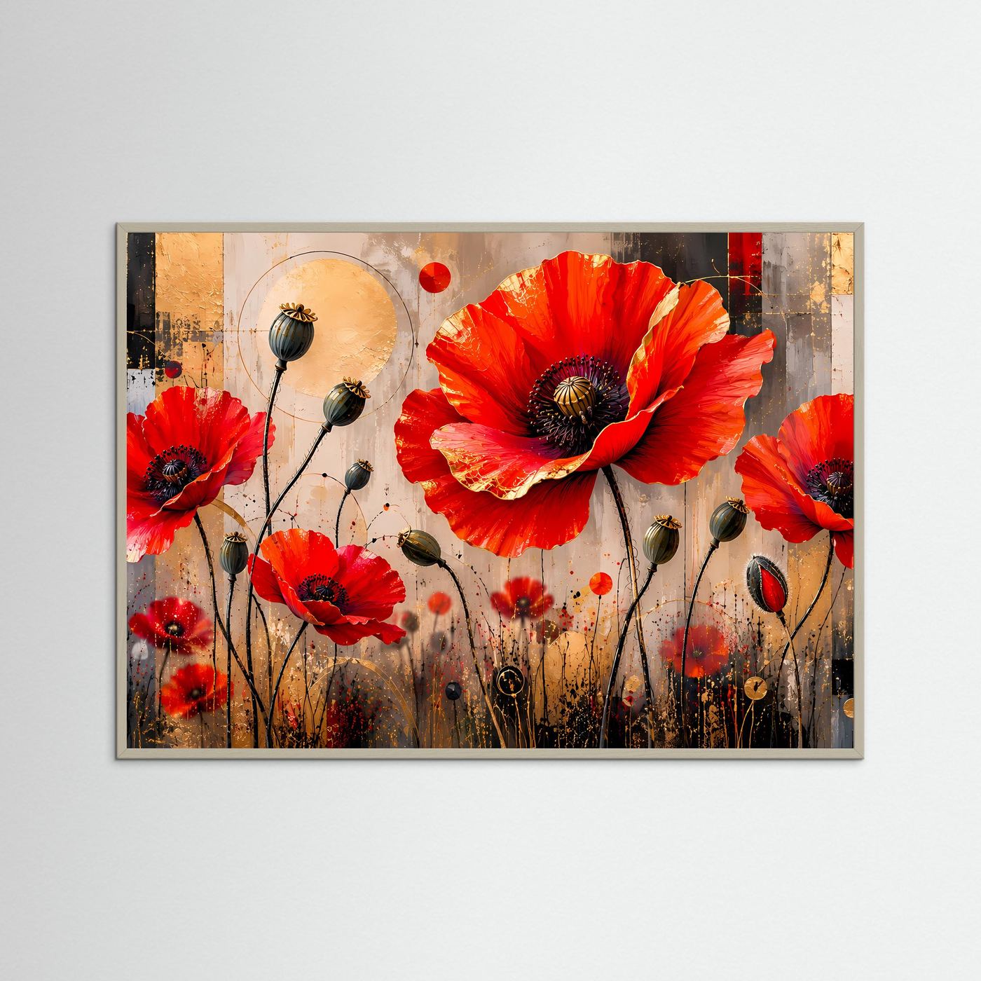 Strahlende Mohnblumen in Rot & Gold | Abstrakte Blumen & Natur Poster Querformat